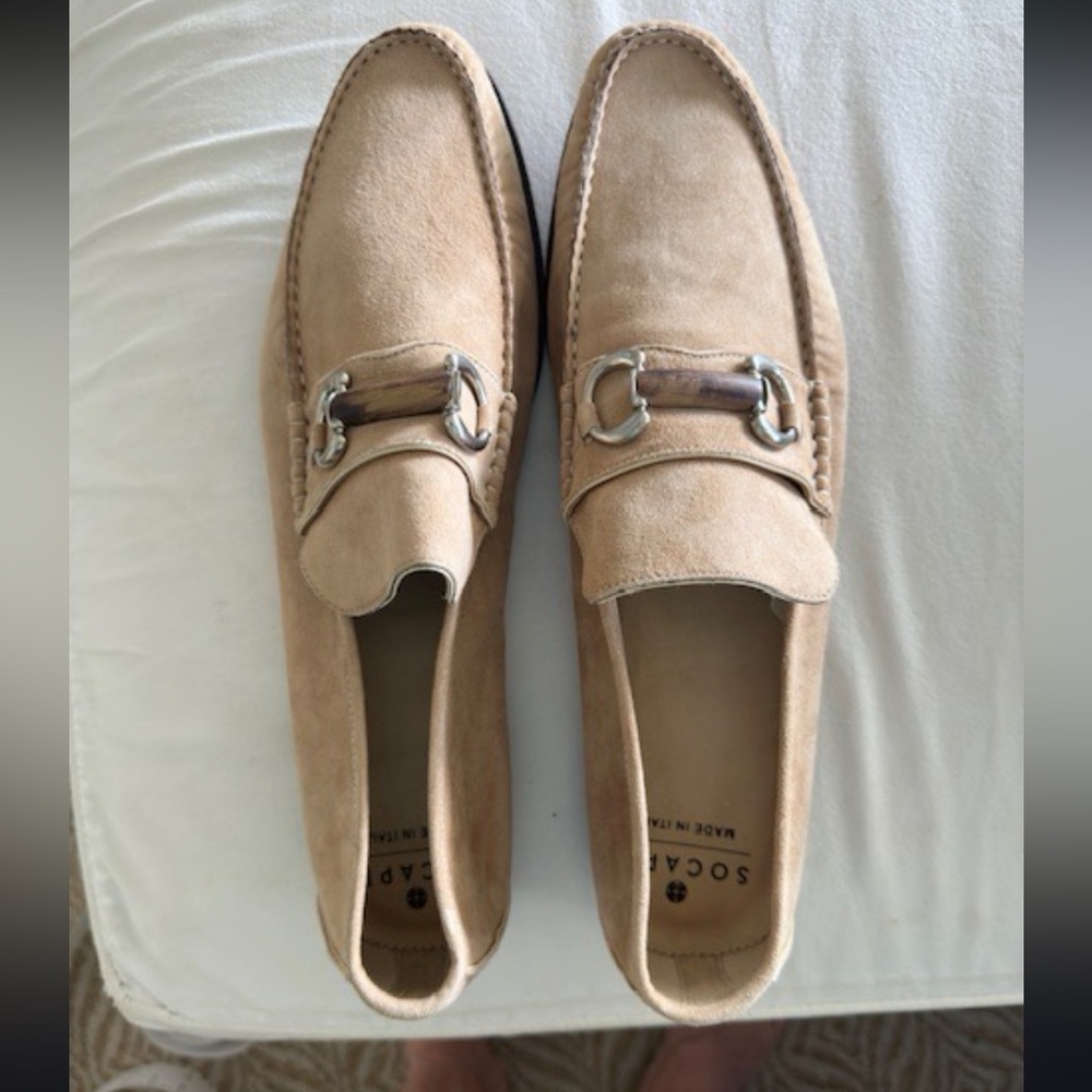 Never worn. Men’s suede loafers with horsebit buckle